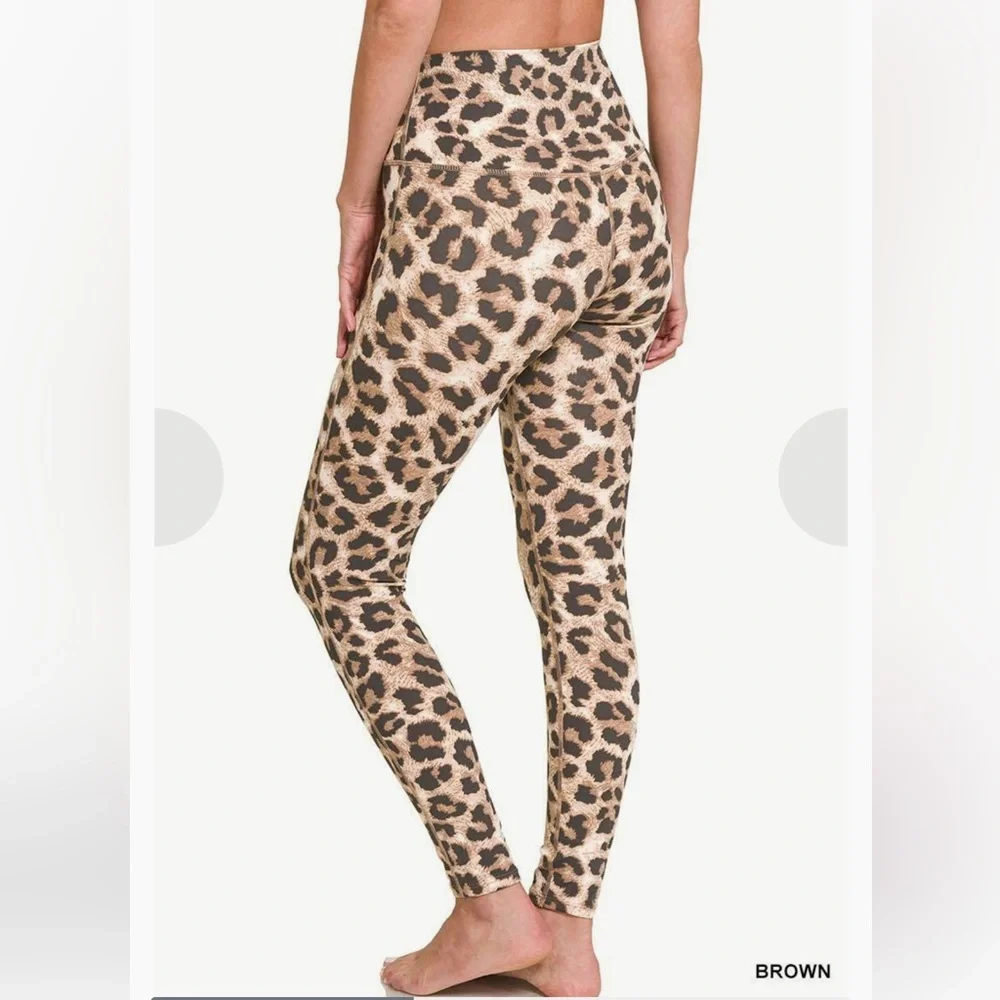 New! Leopard Cheetah Print Wide Band Tummy Control Leggings - Picture 2 of 3